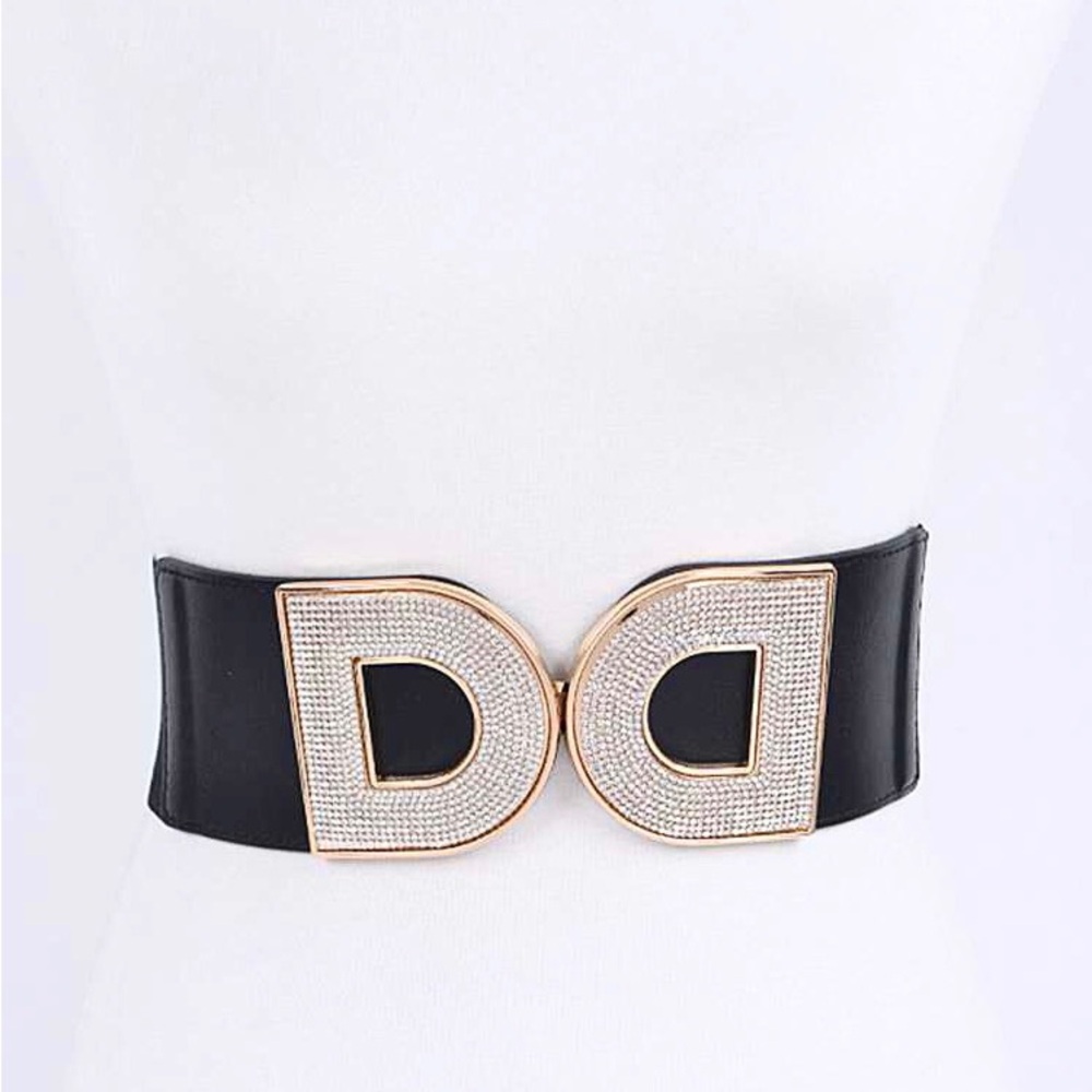 Plus Size Double D Rhinestone Elastic Stretch Statement Belt